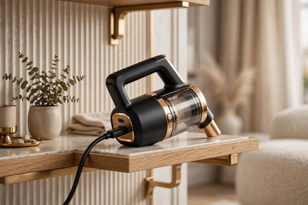 Mini aspirateur en charge USB sur une étagère élégante