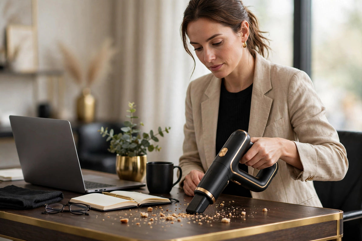 Femme aspirant des miettes sur son bureau avec le mini aspirateur