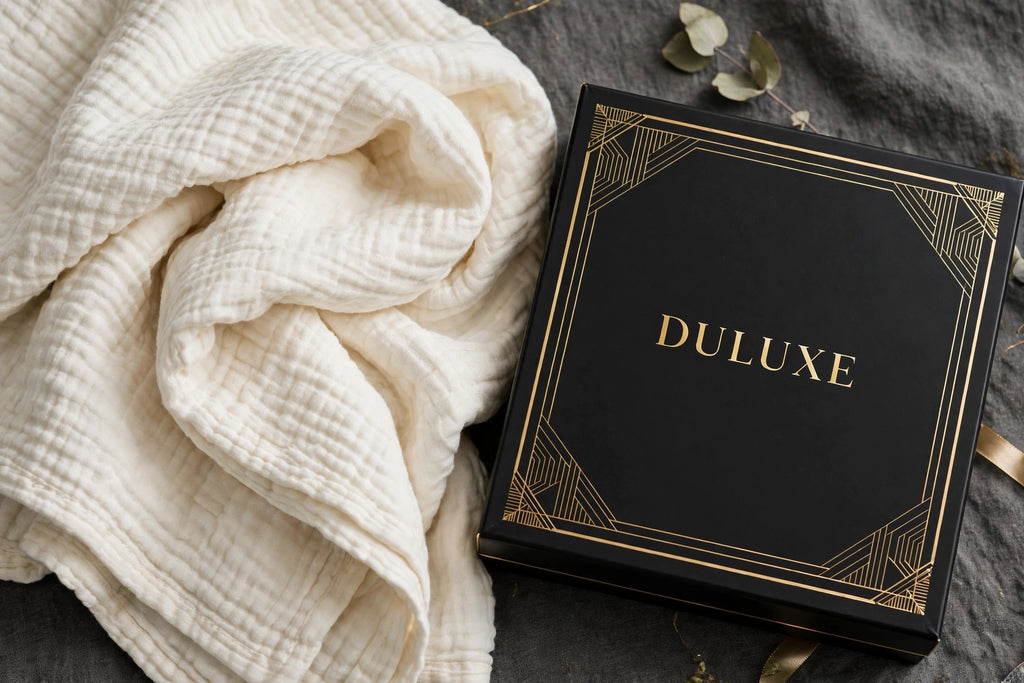 Couverture en mousseline avec sa boîte premium noire et dorée DULUXE