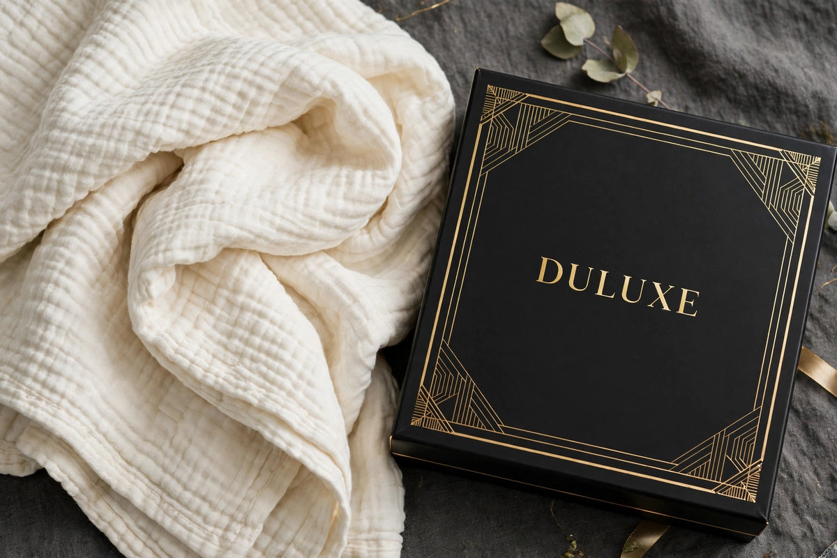 Couverture en mousseline avec sa boîte premium noire et dorée DULUXE