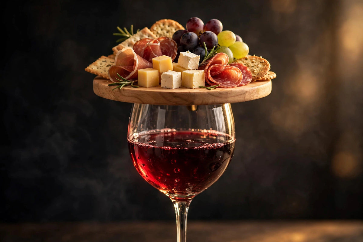 Dessus de verre à vin pour charcuterie DULUXE posé sur un verre de vin rouge, fromages et bouchées
