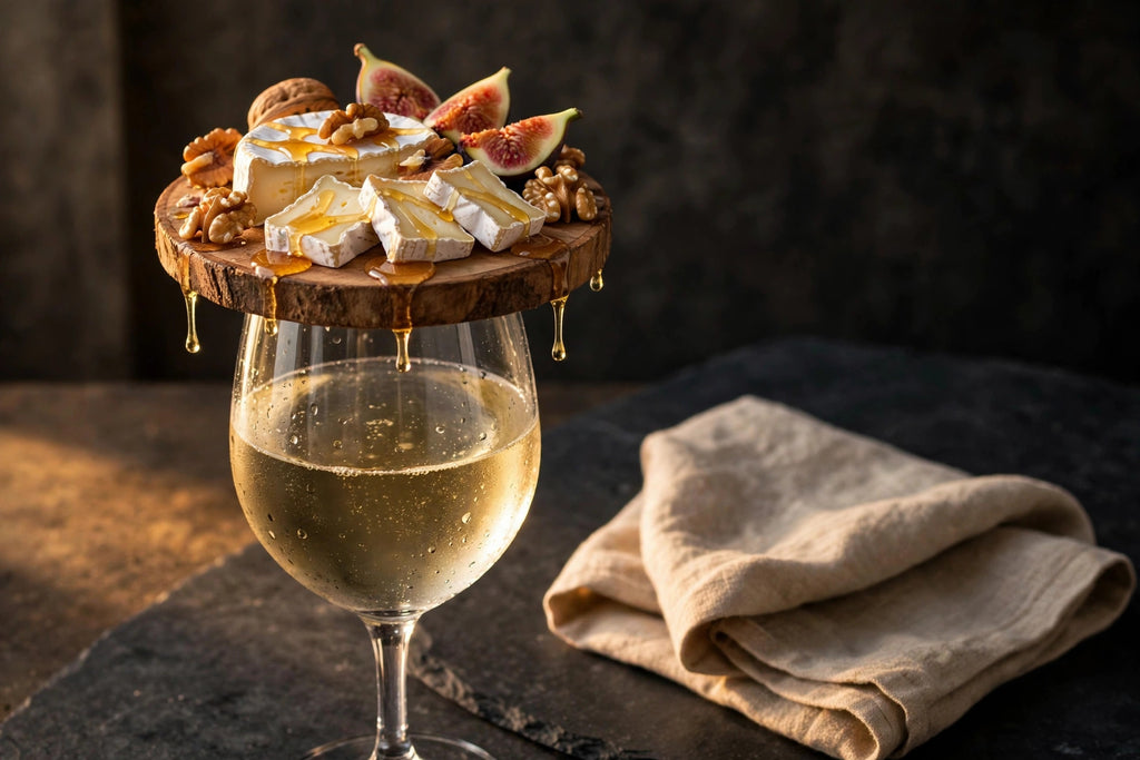 Verre de vin blanc avec dessus de verre garni de camembert, miel et figues