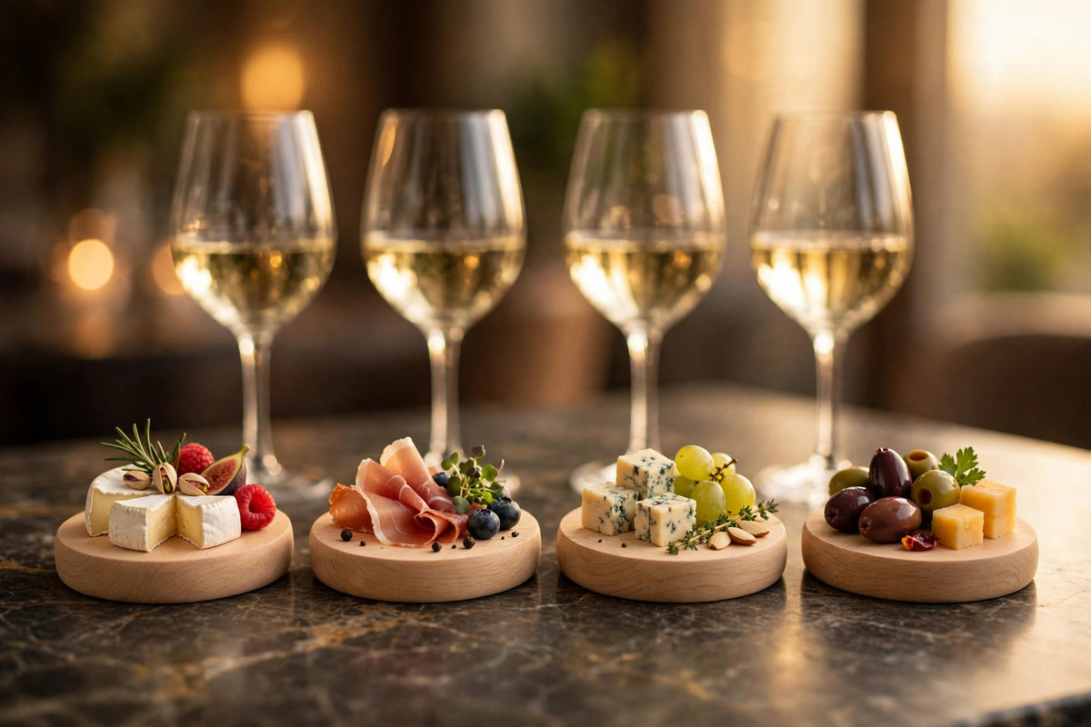 Lot de 4 dessus de verre à vin pour charcuterie alignés sur marbre foncé