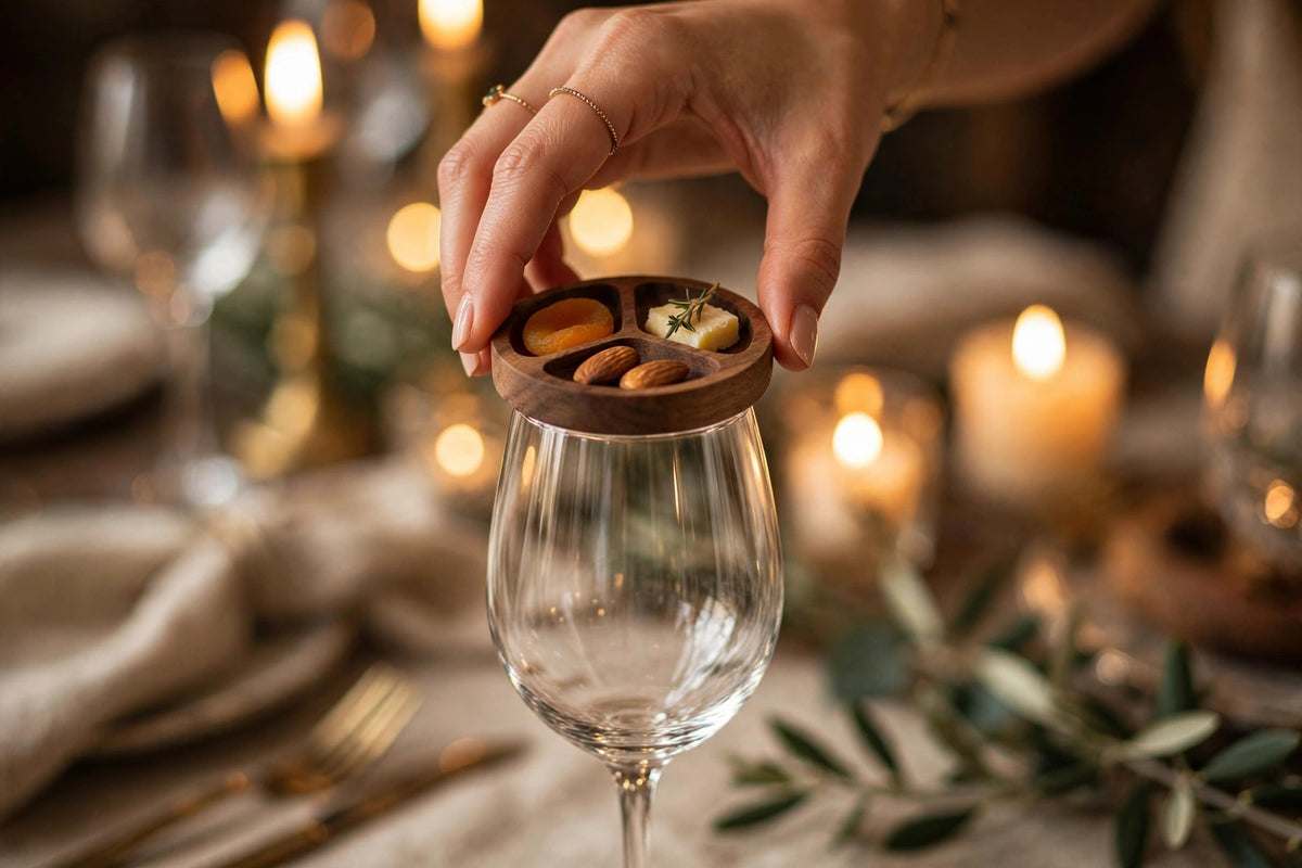 Main élégante posant le dessus de verre sur le verre à vin, bougies en arrière-plan