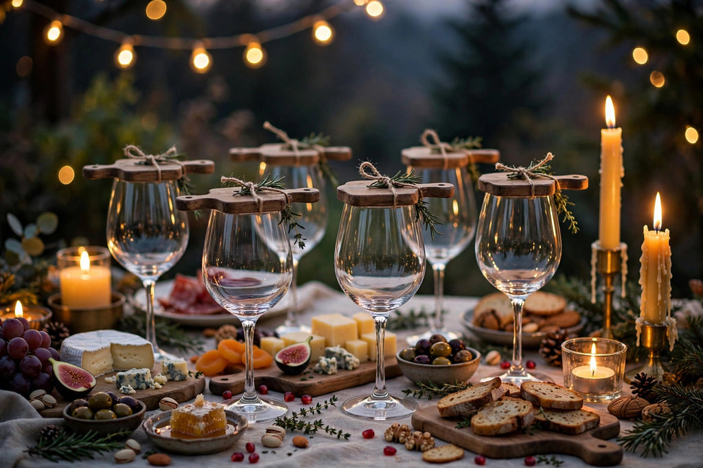 Table d'apéritif festive au crépuscule avec verres à vin et dessus charcuterie