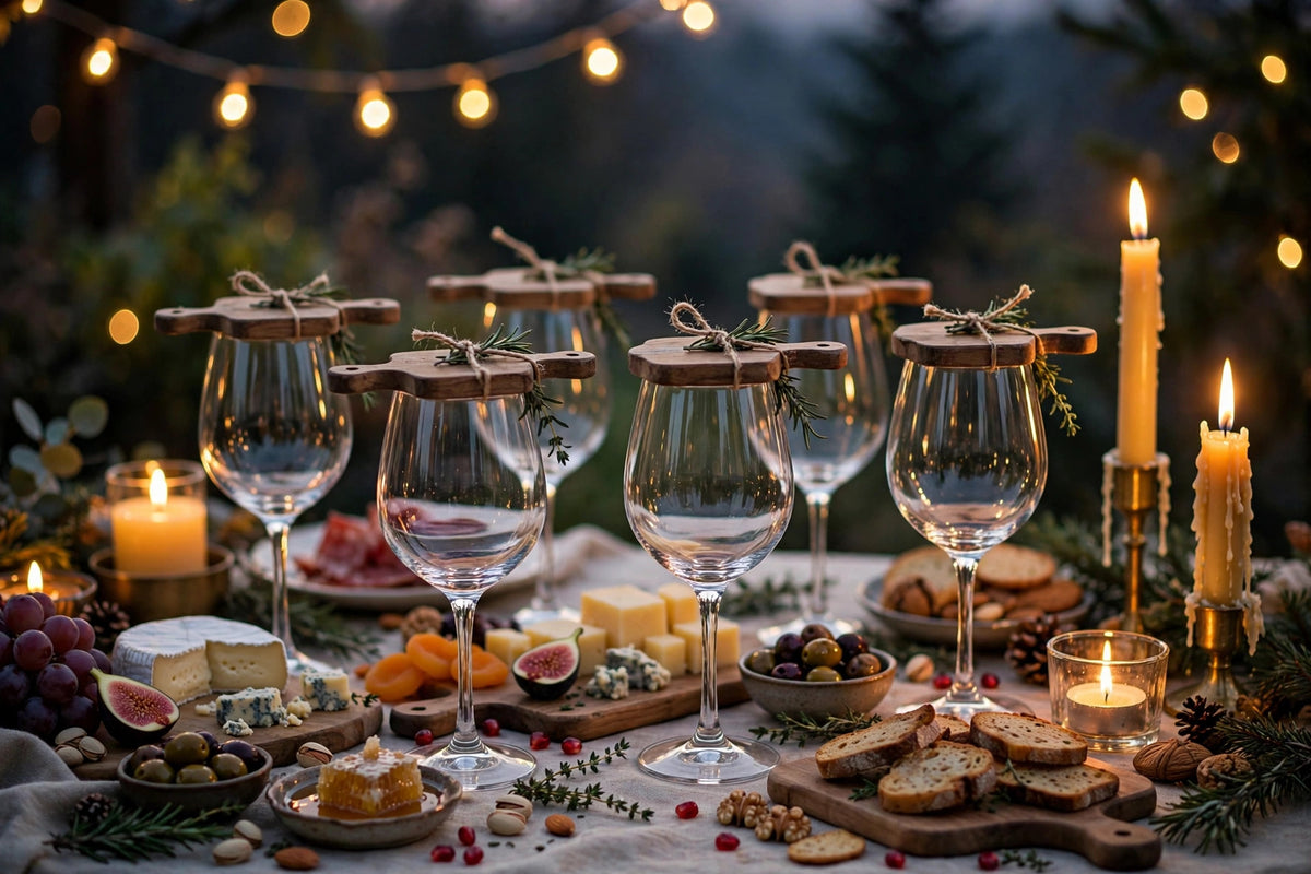 Table d'apéritif festive au crépuscule avec verres à vin et dessus charcuterie