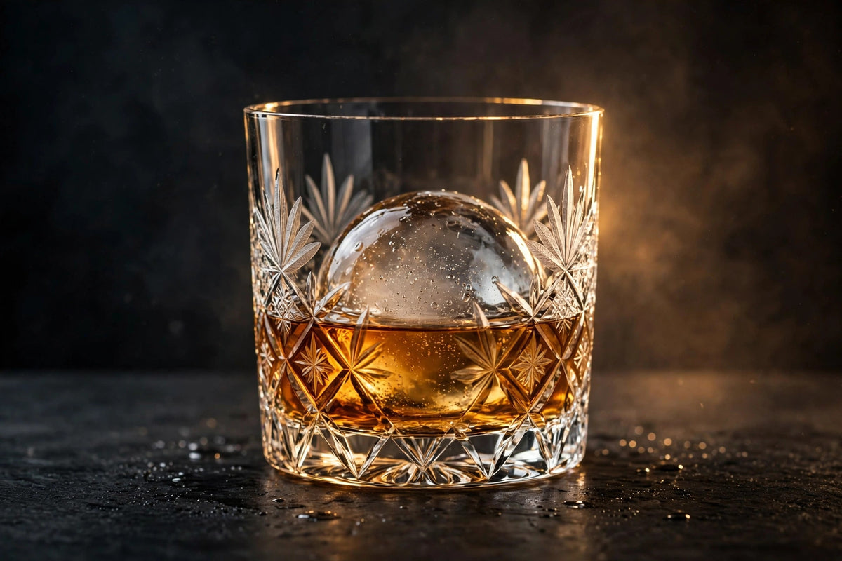 Verre à whisky rotatif gravé DULUXE avec glaçon sphérique, lumière dorée