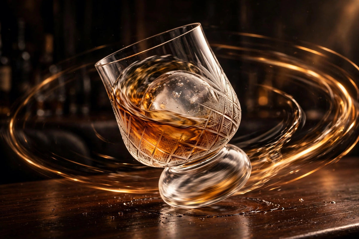 Verre à whisky en rotation sur sa base, glace sphérique et whisky ambré