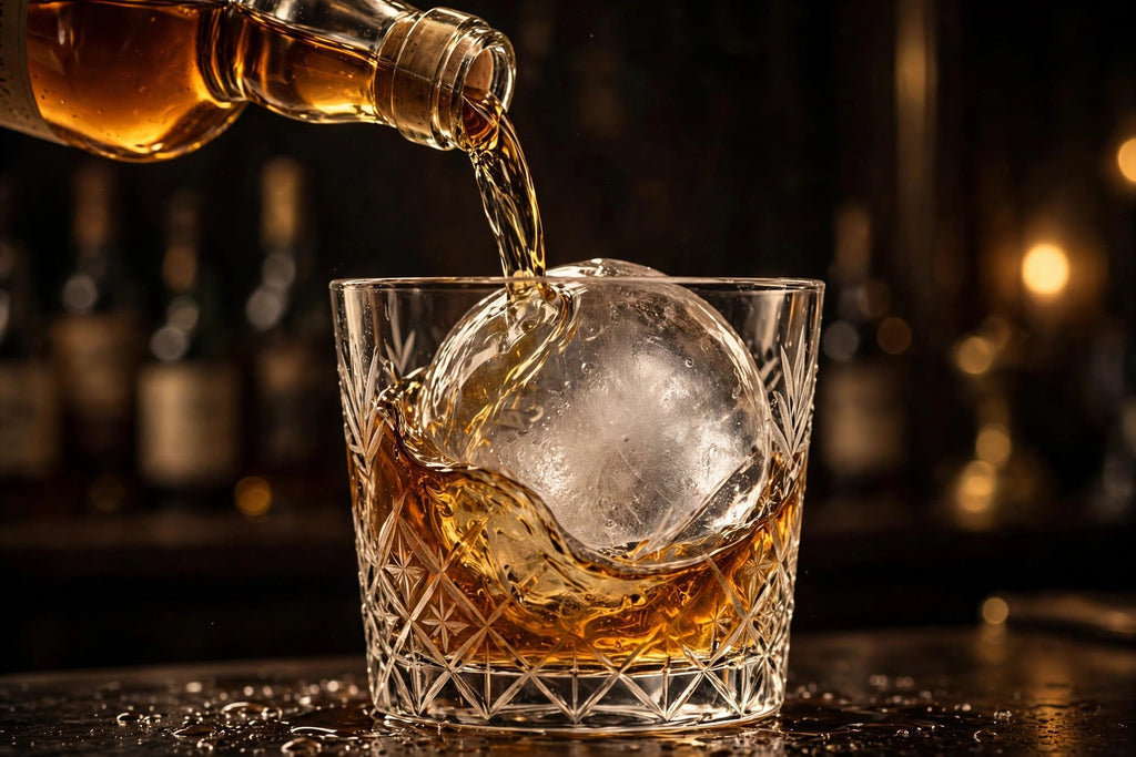Whisky versé dans le verre gravé sur la sphère de glace