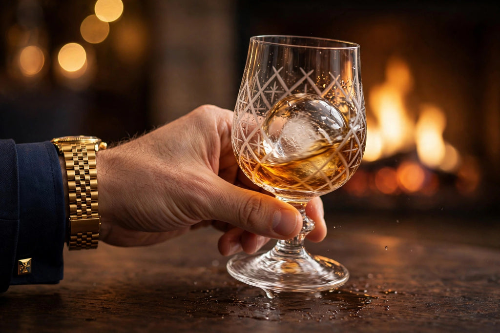 Main faisant pivoter le verre à whisky rotatif près d'une cheminée