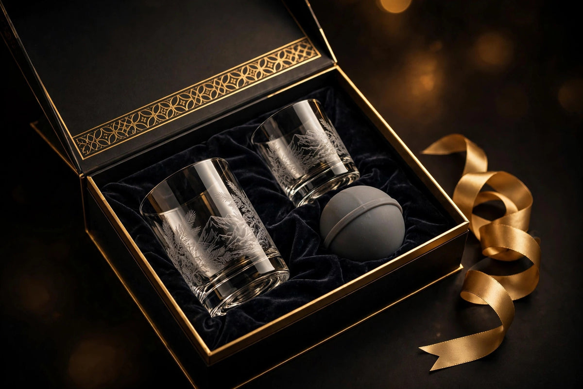 Coffret cadeau noir et or avec verres à whisky rotatifs et moule à glace