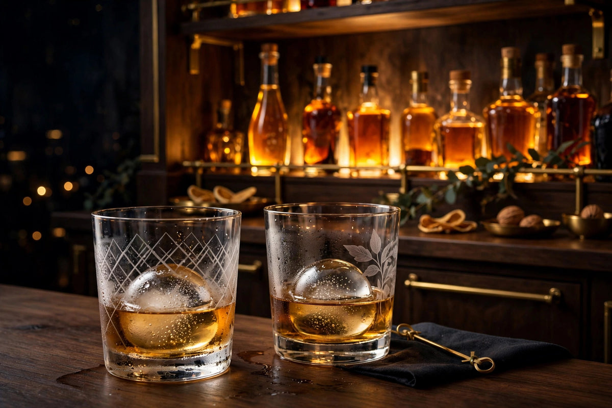 Bar maison raffiné avec verres à whisky et sphères de glace, bouteilles rétroéclairées