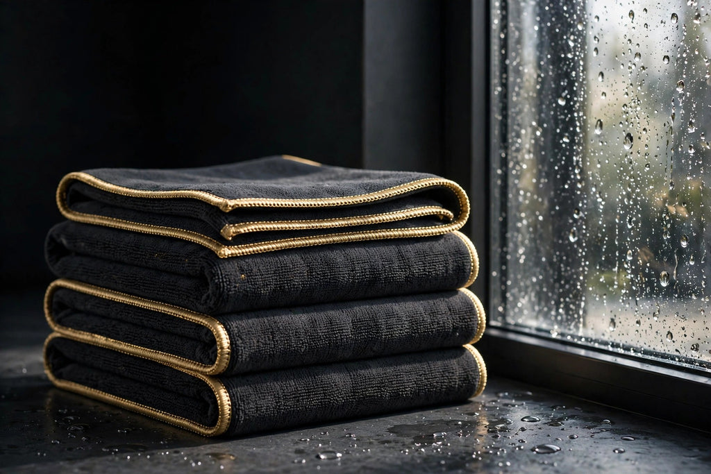 Chiffons microfibre grand format DULUXE empilés près d'une fenêtre étincelante, présentation premium noir et doré