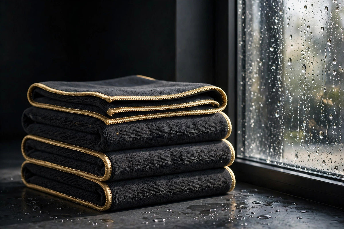 Chiffons microfibre grand format DULUXE empilés près d'une fenêtre étincelante, présentation premium noir et doré