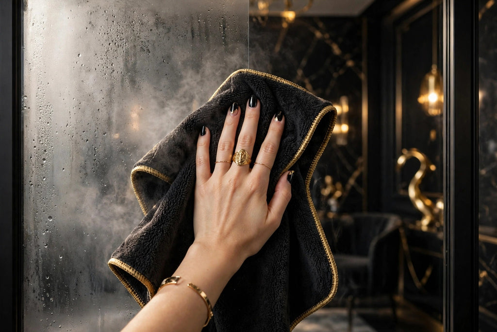 Main essuyant une grande vitre avec un chiffon microfibre grand format DULUXE, moitié nette sans traces