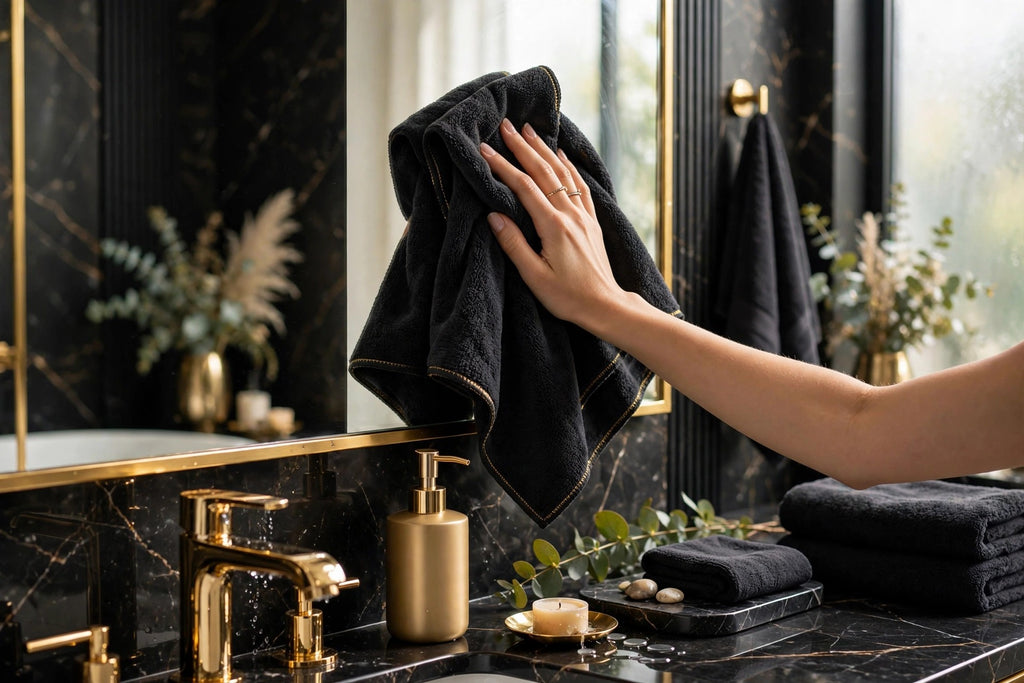 Chiffon microfibre DULUXE polissant un miroir de salle de bain près d'une robinetterie dorée