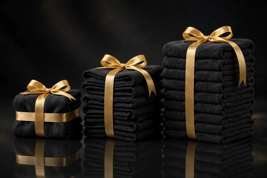 Trois lots de chiffons microfibre DULUXE en piles croissantes, présentation des formats par lots