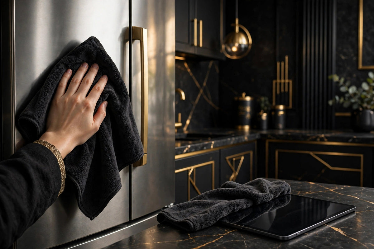 Chiffon microfibre DULUXE essuyant une porte de réfrigérateur en inox et un écran dans une cuisine moderne
