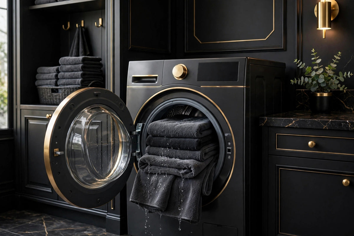Chiffons microfibre DULUXE lavés et pliés avec soin près d'une machine à laver moderne, réutilisables