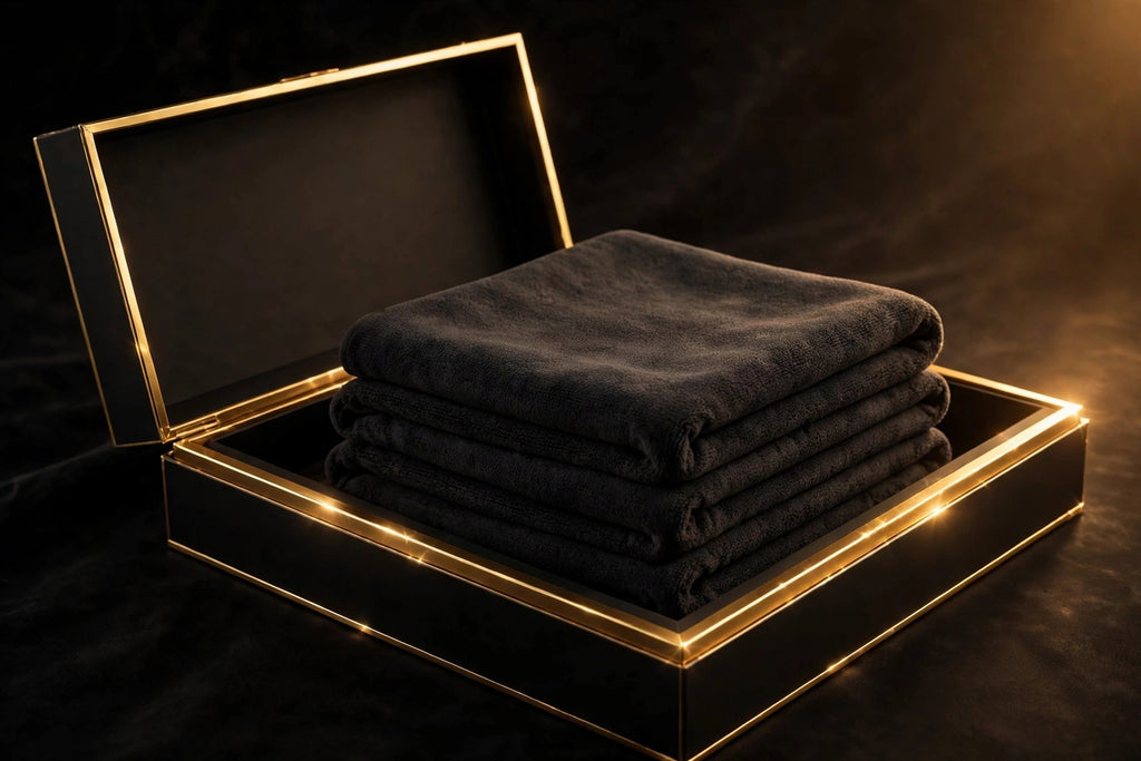 Coffret DULUXE noir et doré ouvert avec des chiffons microfibre grand format pliés, présentation cadeau premium