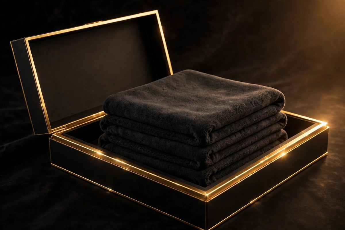 Coffret DULUXE noir et doré ouvert avec des chiffons microfibre grand format pliés, présentation cadeau premium
