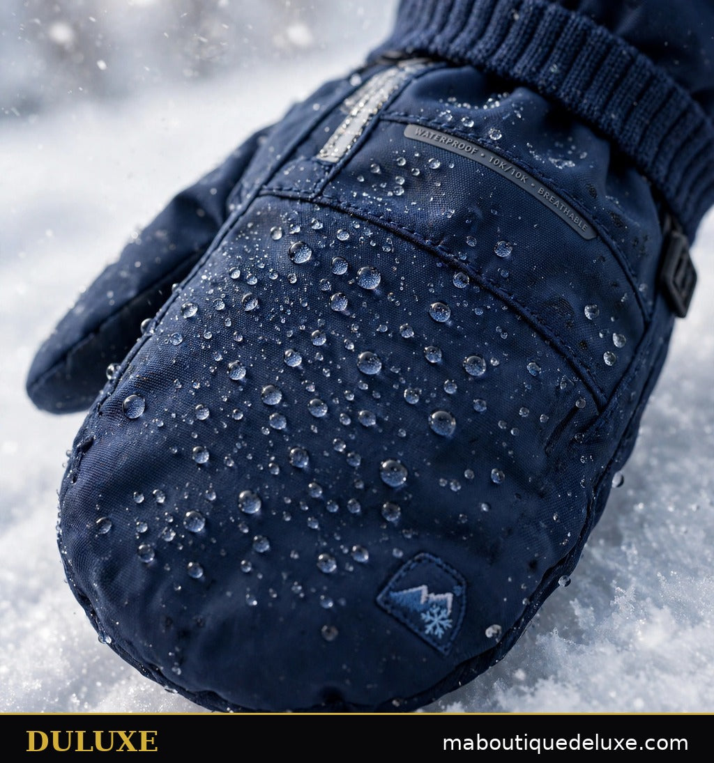 Gros plan sur la membrane imperméable des moufles de ski enfant DULUXE avec des gouttes d'eau qui perlent sur le tissu