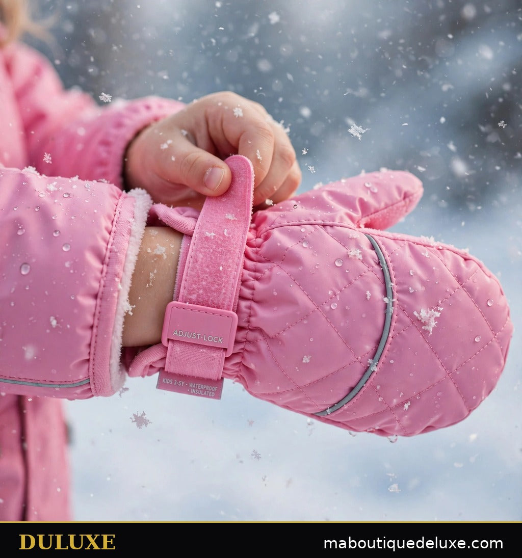 Gros plan sur la sangle ajustable au poignet des moufles de ski imperméables pour enfant DULUXE rose bonbon