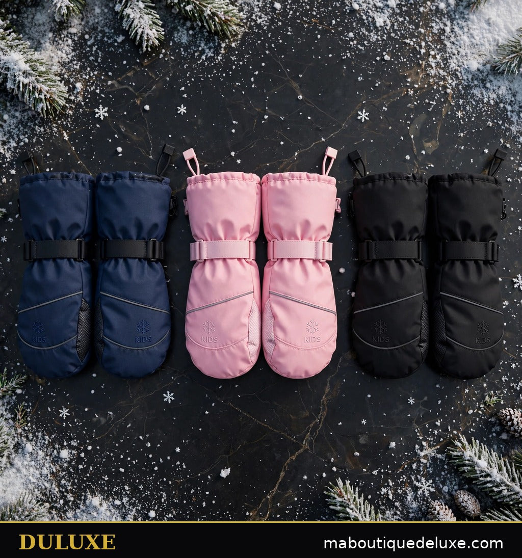 Trois paires de moufles de ski imperméables pour enfant DULUXE à plat : bleu marine, rose bonbon et noir