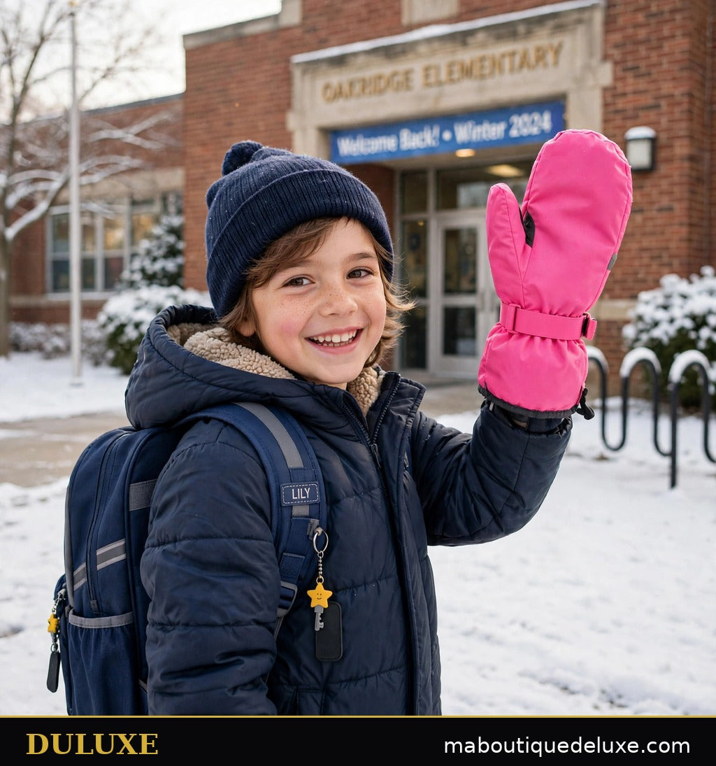 Enfant avec son sac d'école portant des moufles de ski DULUXE rose bonbon devant l'école un matin d'hiver enneigé
