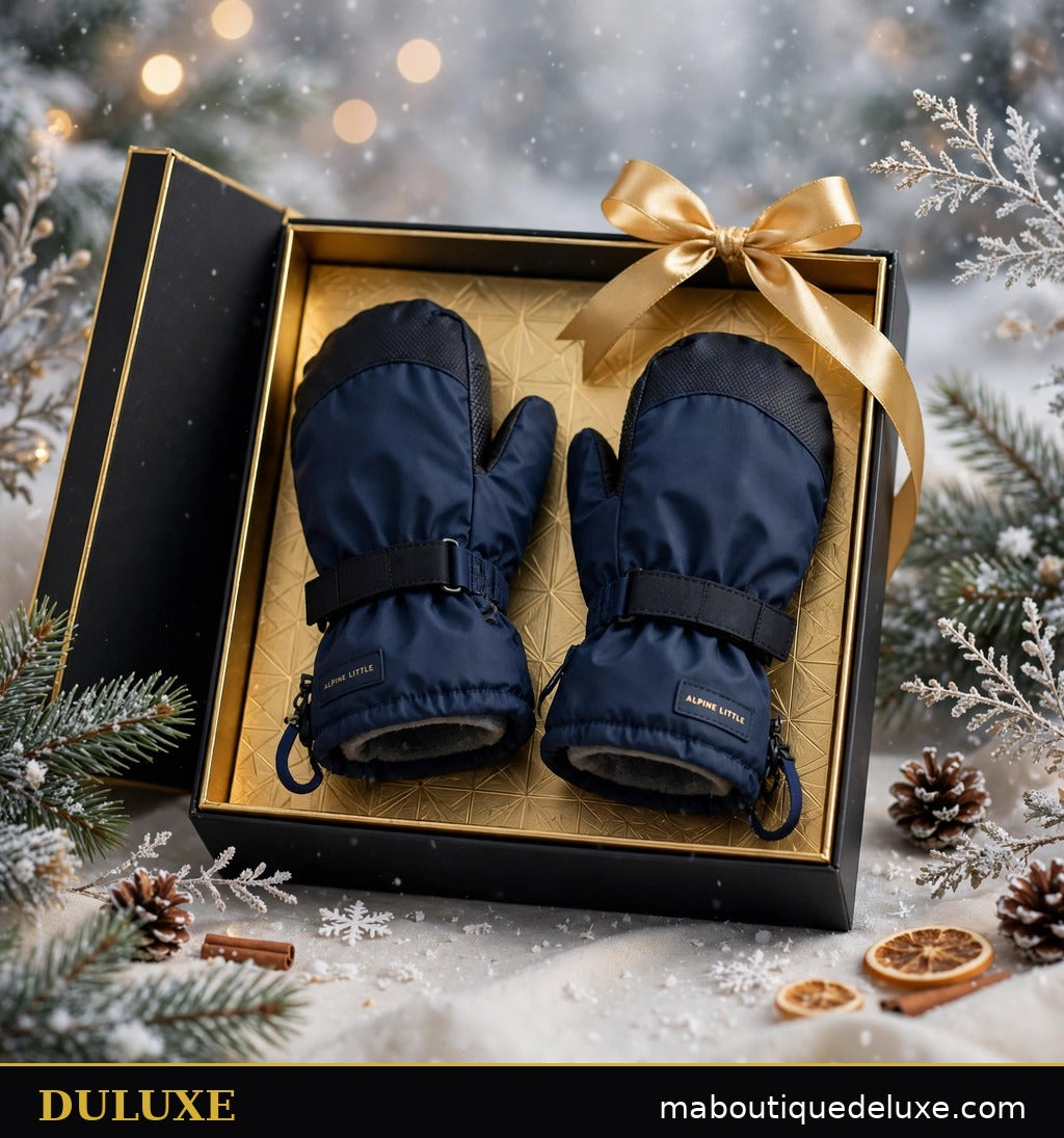 Paire de moufles de ski imperméables pour enfant DULUXE présentée en coffret cadeau noir et or