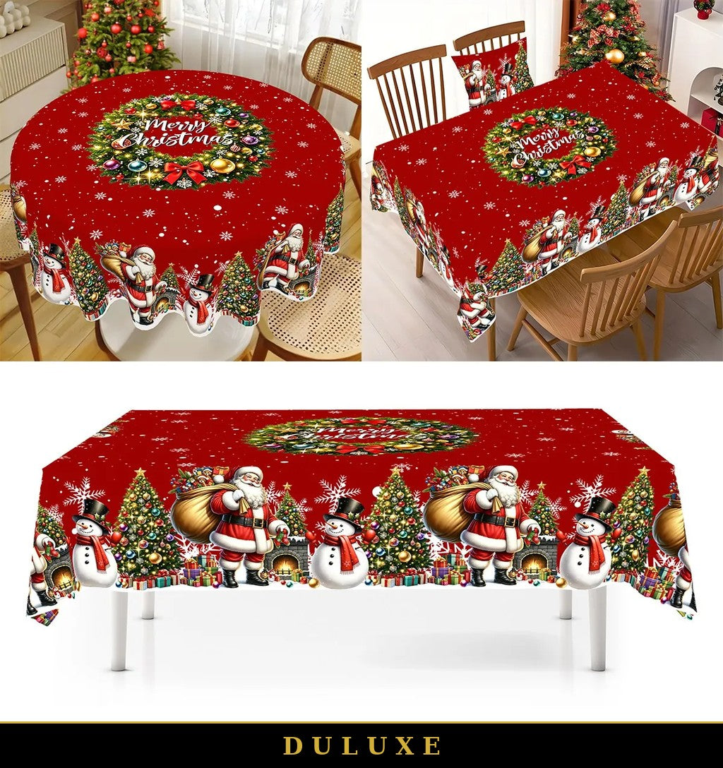 Nappe de Noël ronde rouge DULUXE à motifs Père Noël et bonhomme de neige sur table festive