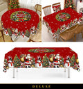 Nappe de Noël ronde rouge DULUXE à motifs Père Noël et bonhomme de neige sur table festive