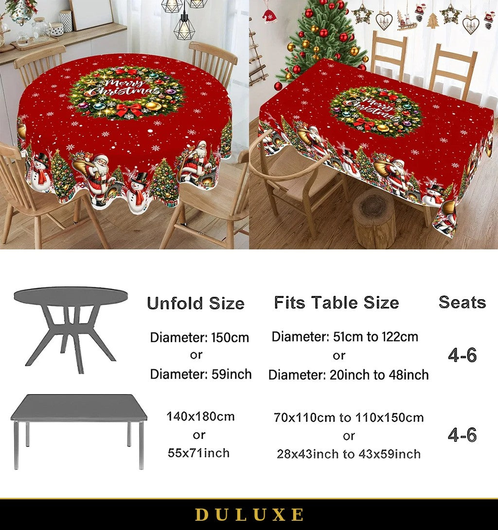 Nappes de Noël DULUXE ronde et rectangulaire rouges à couronne festive, tables dressées