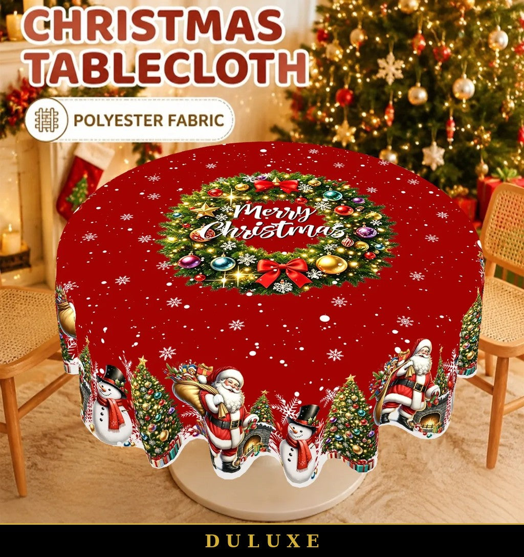 Nappe de Noël rectangulaire rouge DULUXE en polyester, couronne centrale et frise festive