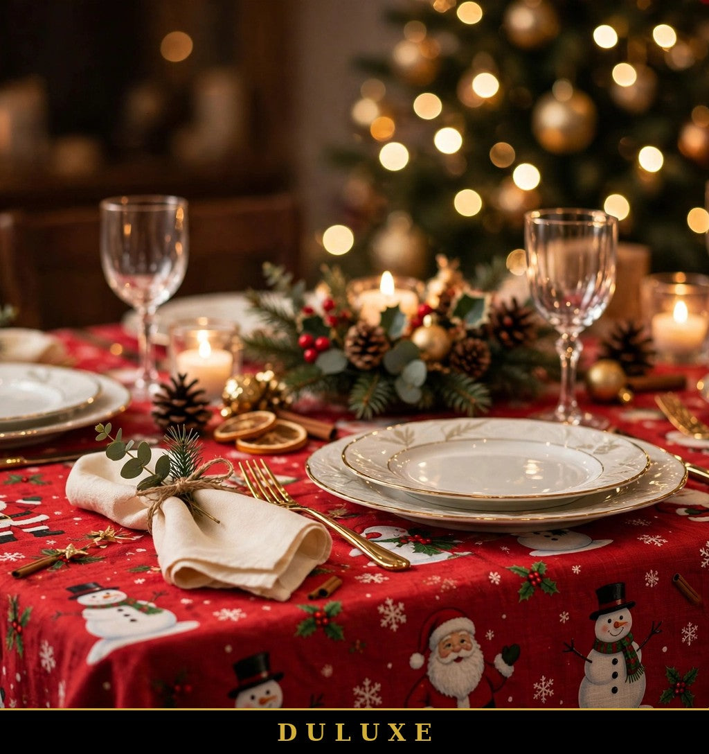 Table de réveillon dressée avec la nappe de Noël rouge DULUXE, sapin illuminé en arrière-plan