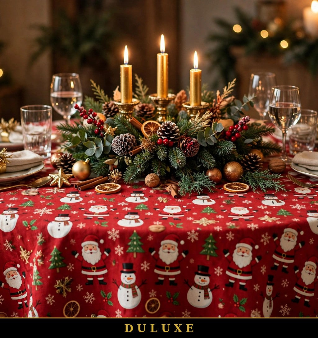 Table ronde de Noël avec nappe rouge DULUXE et centre de table à bougies dorées