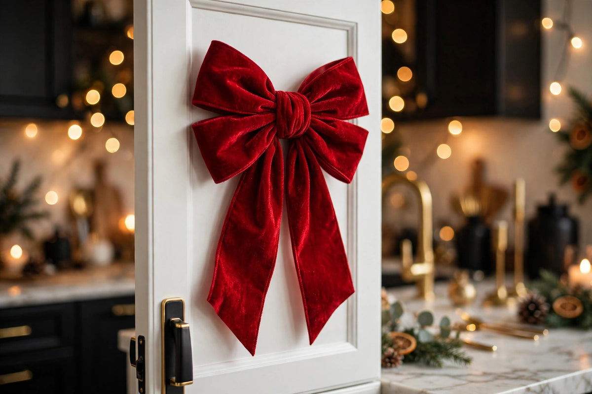 Grand nœud de Noël en velours rouge posé sur une porte d'armoire de cuisine blanche, lumières chaudes des fêtes en arrière-plan