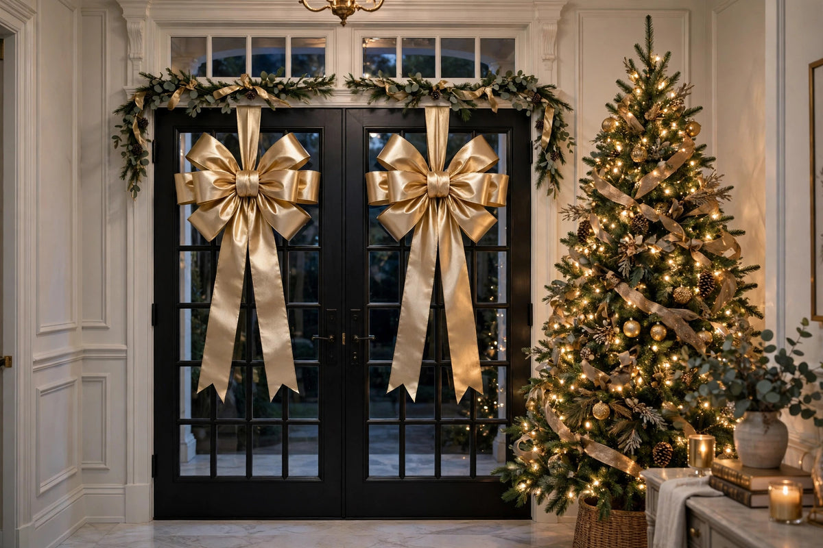 Paire de grands nœuds de Noël doré champagne sur une double porte vitrée d'entrée élégante, sapin lumineux à côté