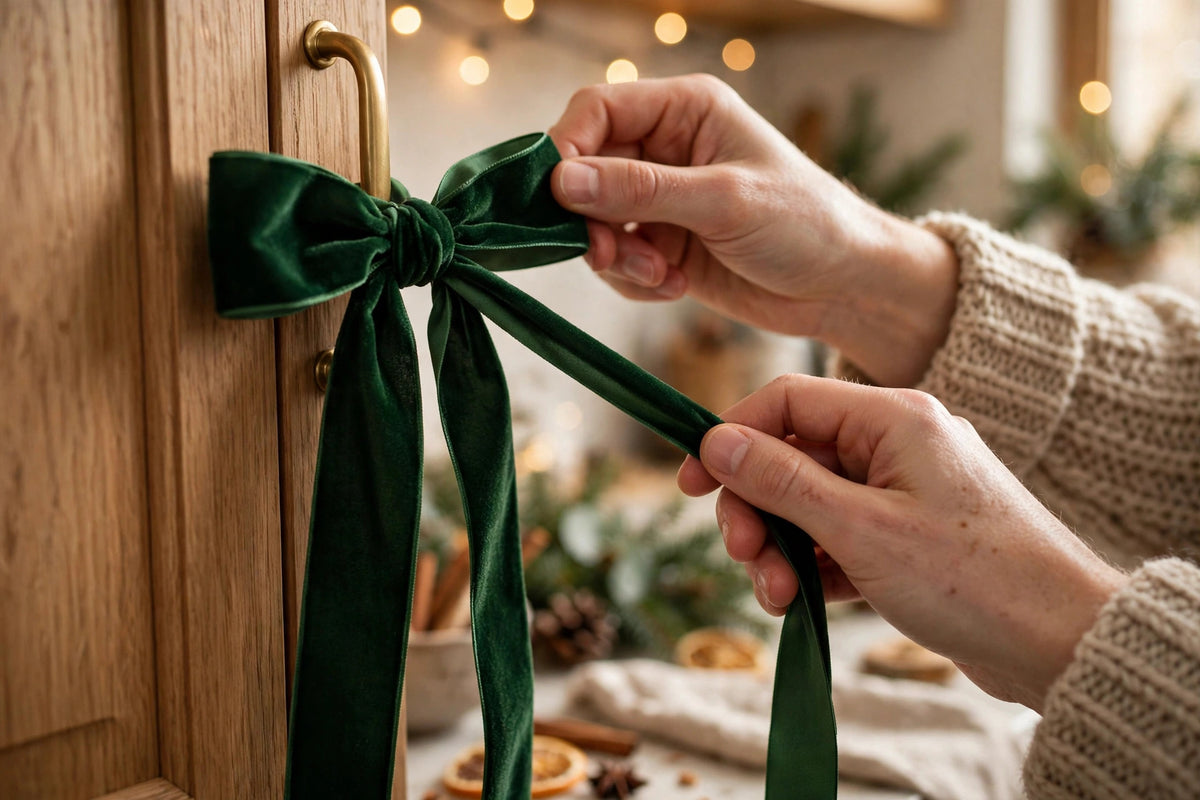 Mains nouant un grand nœud de Noël vert sapin sur une poignée d'armoire, pose facile en quelques secondes