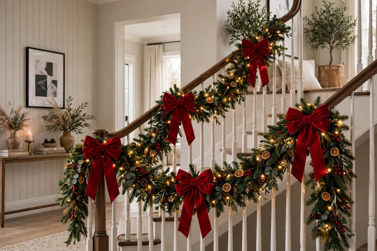 Rampe d'escalier décorée d'une série de grands nœuds de Noël rouges et d'une guirlande lumineuse chaude