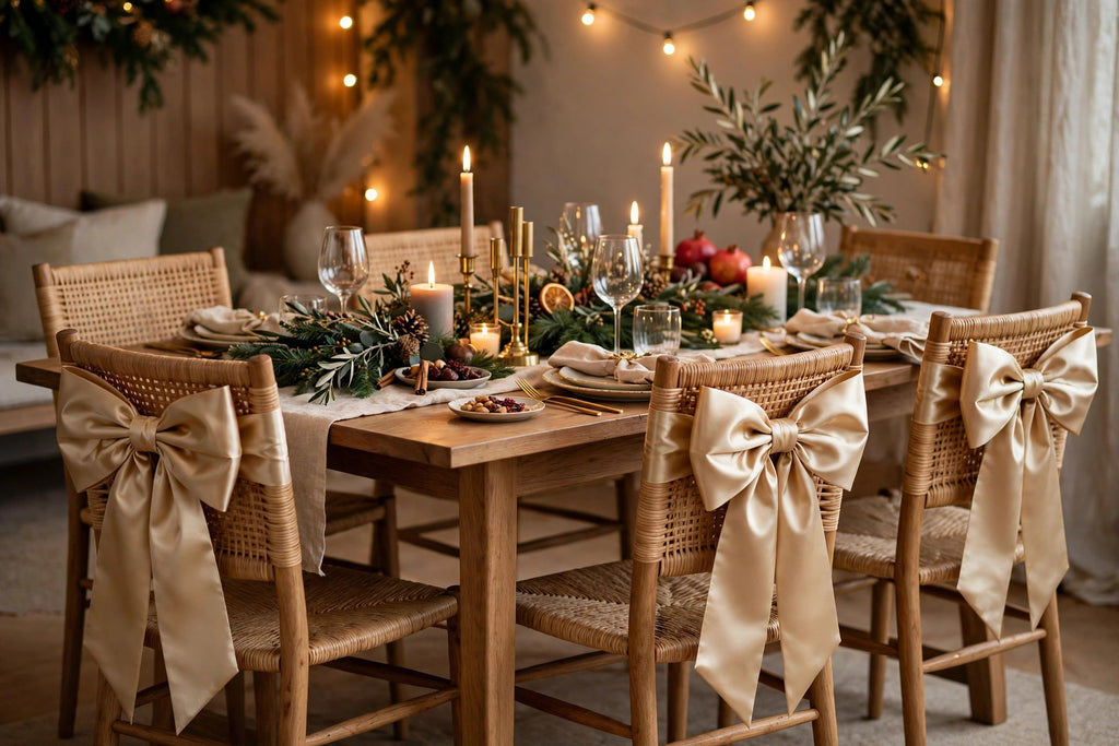 Chaises de salle à manger ornées de grands nœuds de Noël dorés autour d'une table des fêtes décorée