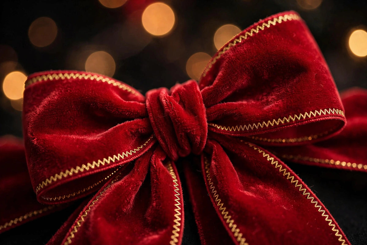 Gros plan sur la texture velours et les finitions d'un grand nœud de Noël rouge sur fond sombre aux lumières chaudes
