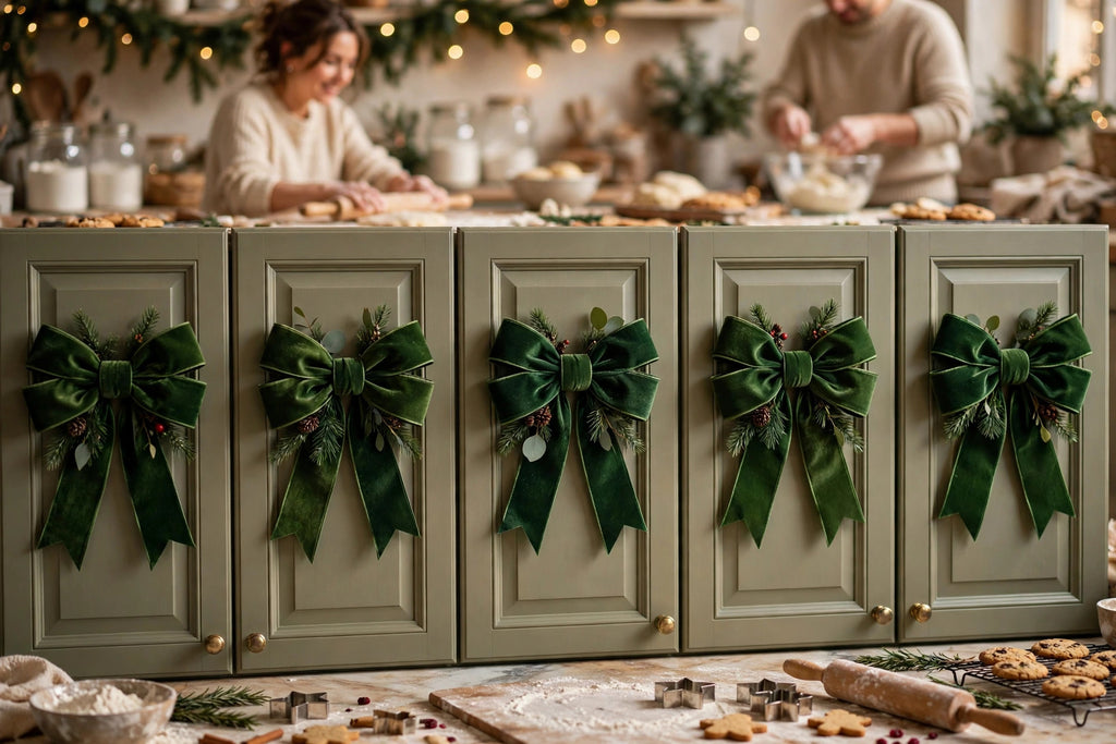 Rangée de portes d'armoires de cuisine décorées chacune d'un grand nœud de Noël vert, ambiance de pâtisserie des fêtes