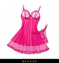 Nuisette babydoll rose fuchsia en voile et dentelle brodée DULUXE, présentée à plat avec sa culotte assortie