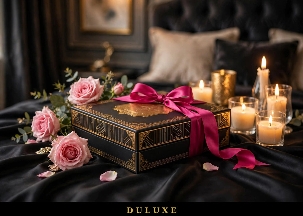 Coffret cadeau noir et doré DULUXE avec ruban rose fuchsia et roses, présentation raffinée