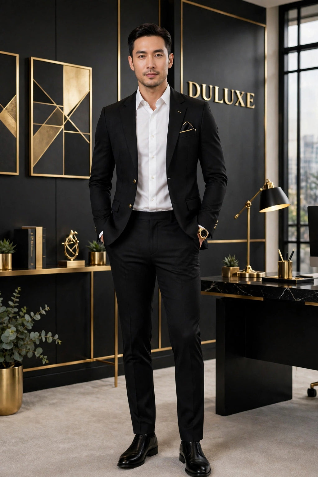 Homme élégant portant le pantalon habillé extensible noir DULUXE au bureau, avec chemise et veston