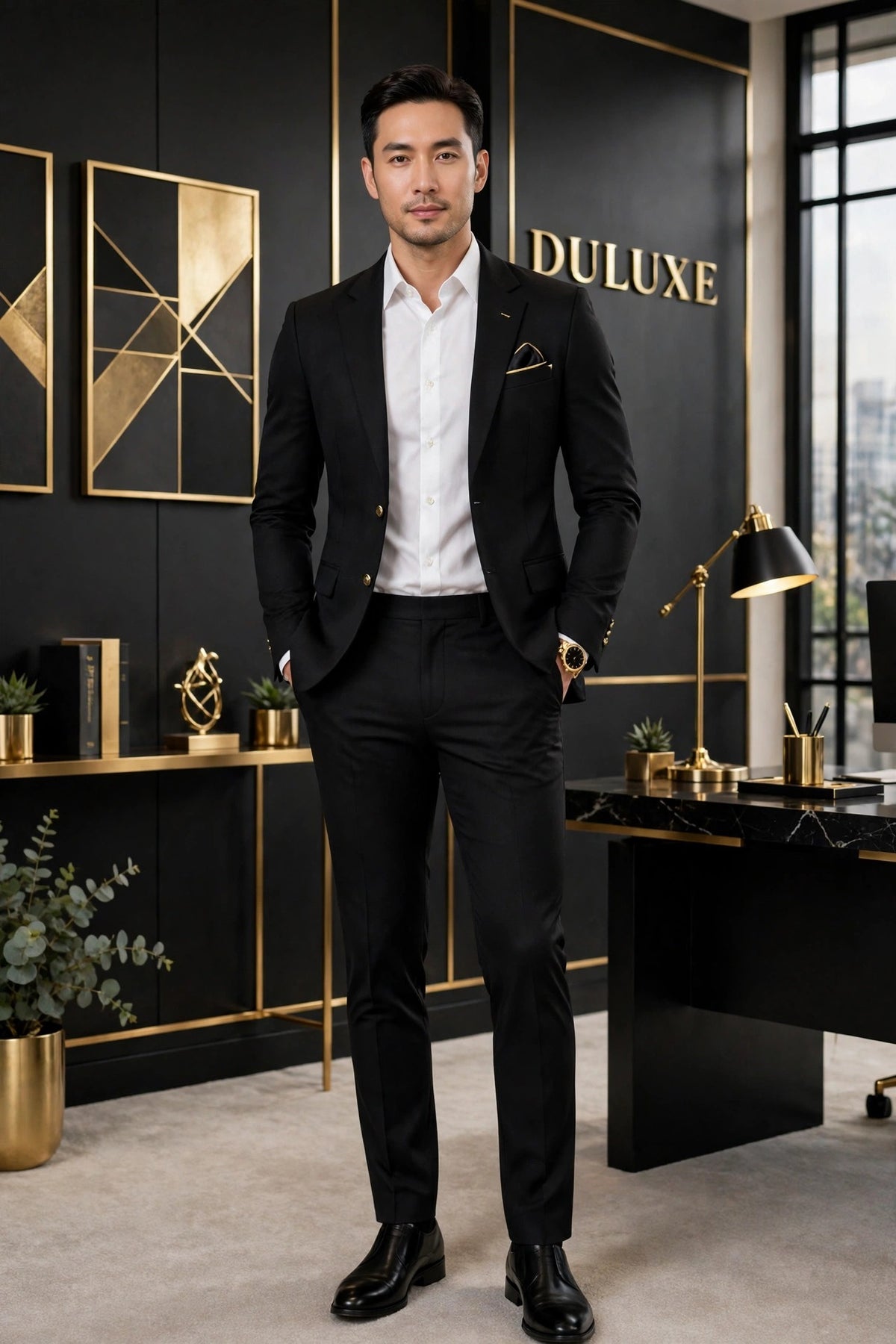 Homme élégant portant le pantalon habillé extensible noir DULUXE au bureau, avec chemise et veston