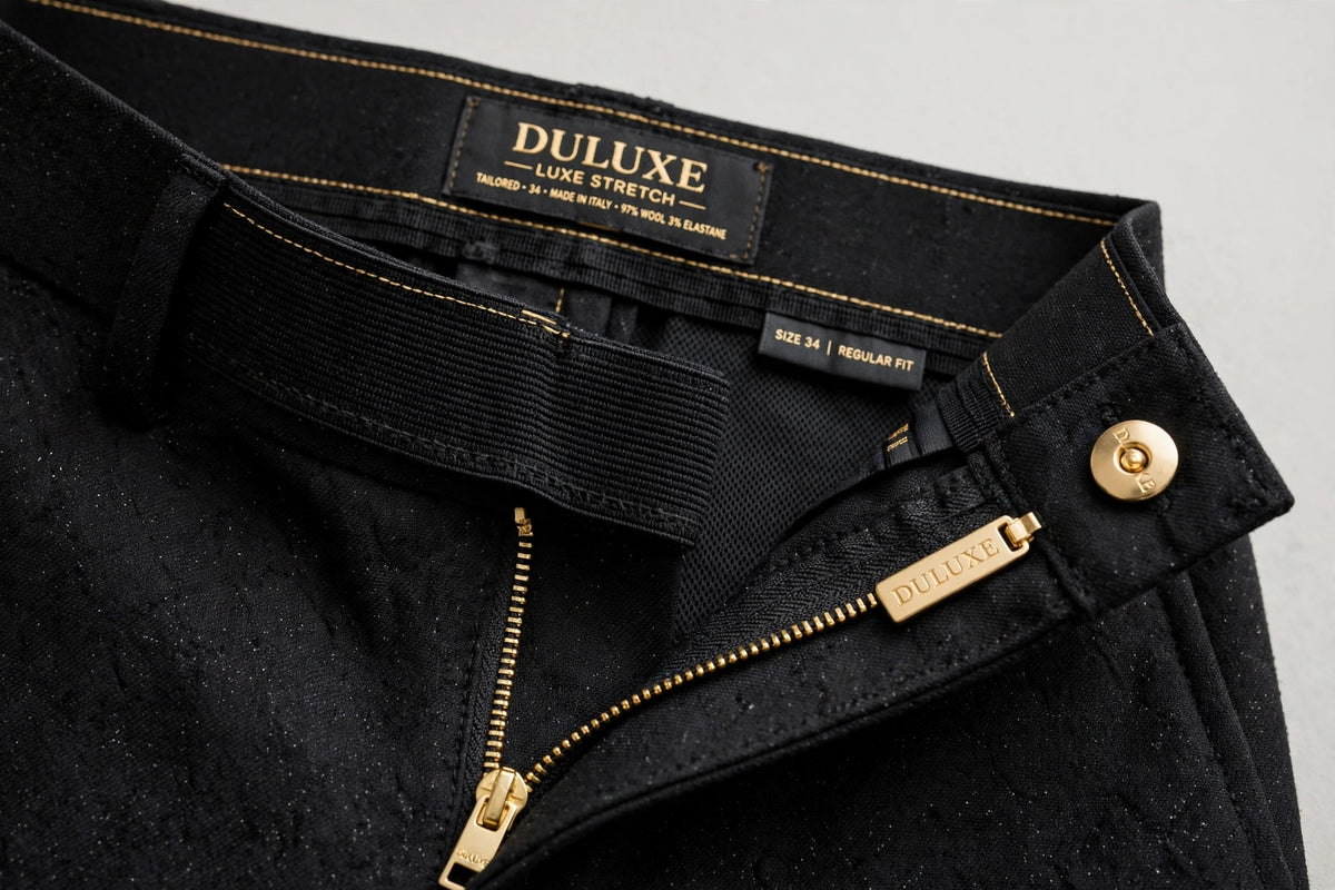 Gros plan de la taille élastique discrète et de la fermeture du pantalon habillé noir pour homme
