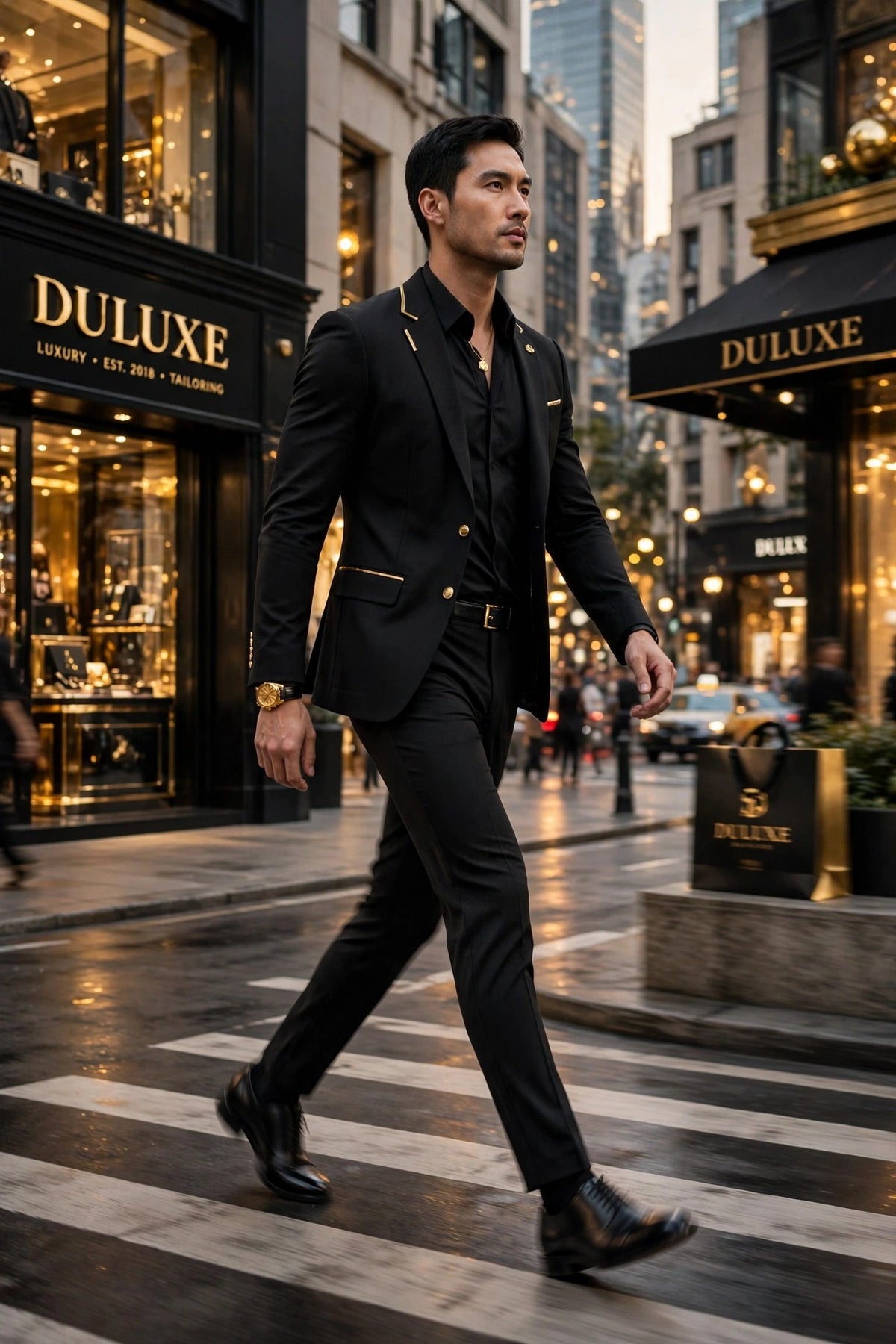 Homme qui marche dans la rue portant le pantalon habillé noir à coupe ajustée