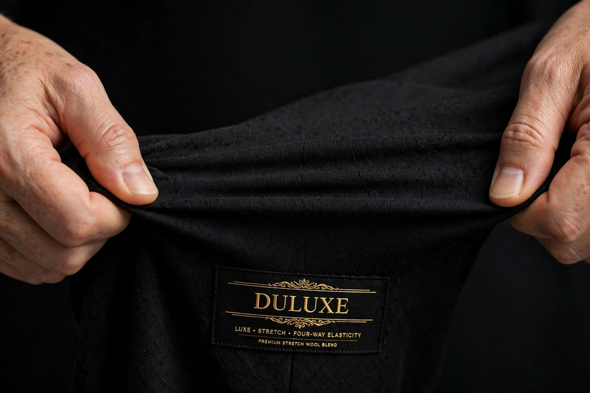 Détail du tissu extensible du pantalon habillé noir étiré entre deux mains